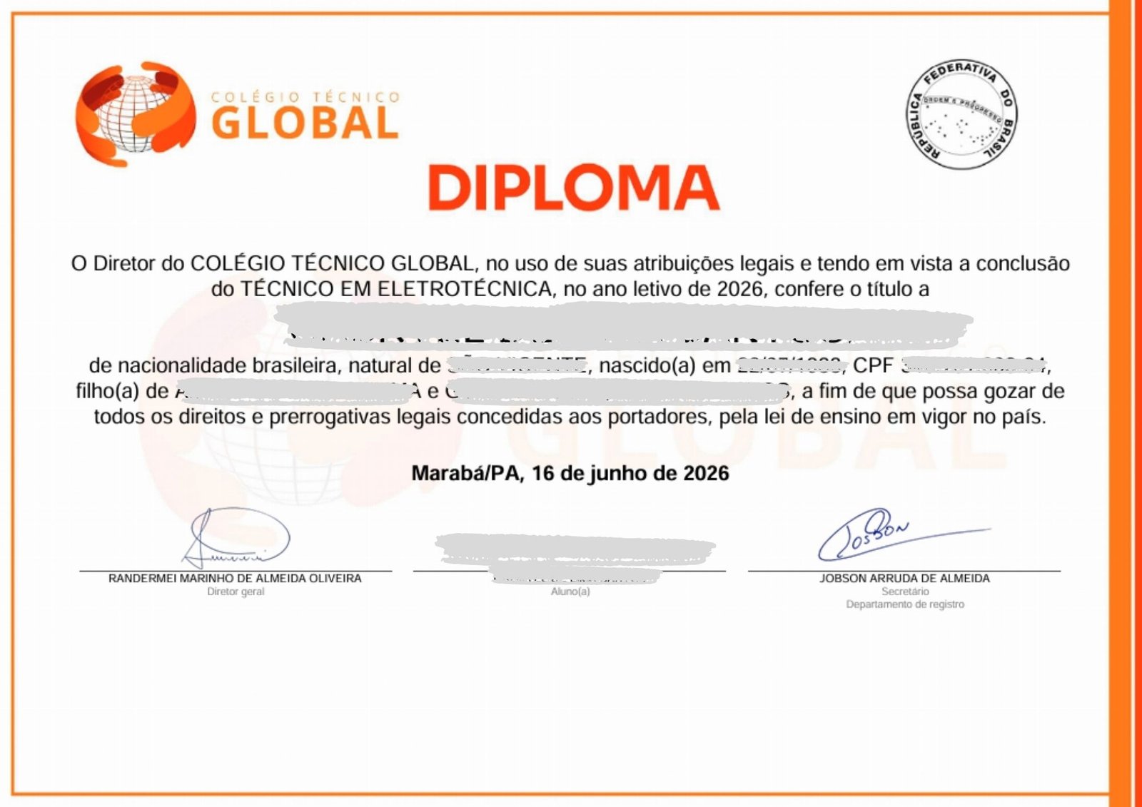 Diploma técnico em Eletrotécnica registrado no SISTEC